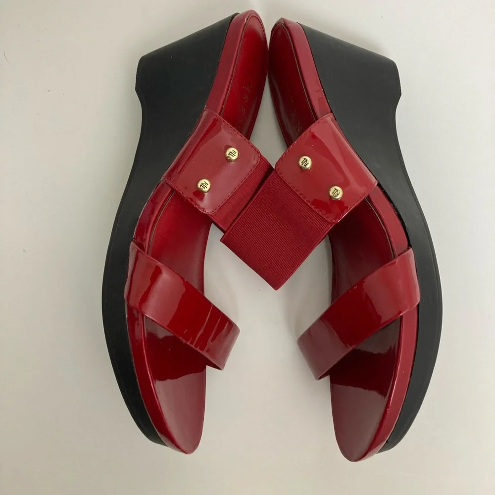 *Lauren Ralph Lauren Rihanna Red Patent Leather Platform Wedge Slip on Sandal#SR